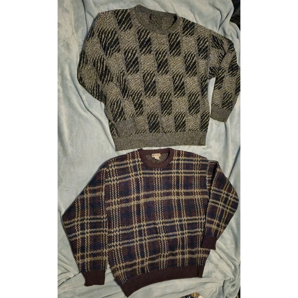 Vintage Mens Knit Sweater Bundle Lot 2 Large Plaid Pattern Crewneck